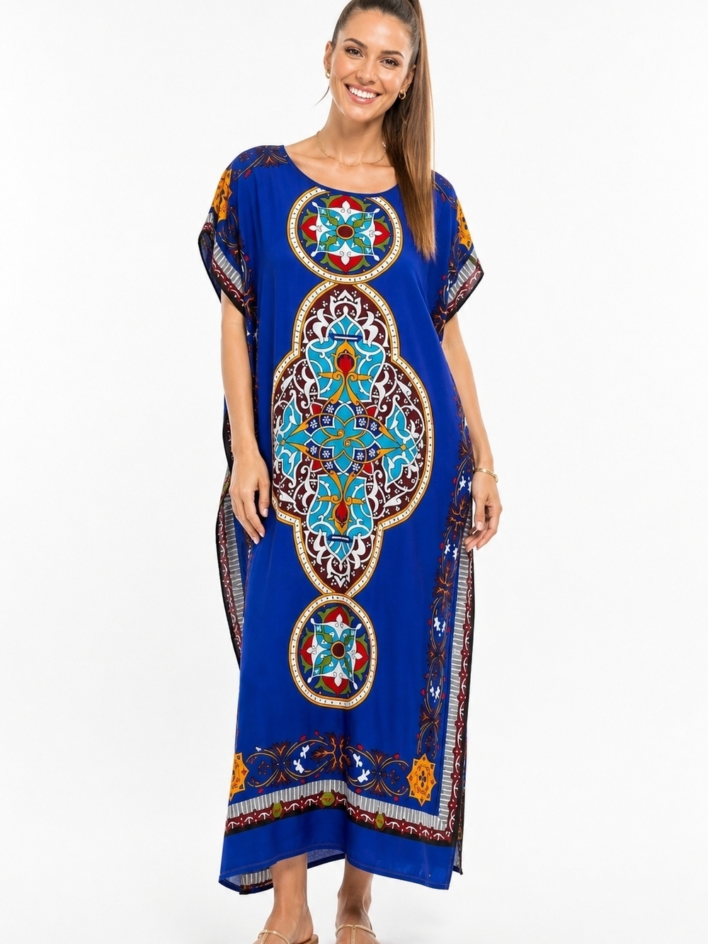 Boutique Blue Kaftan Maxi Dress Boho Print 100% Cotton Loose Fit Size M .
